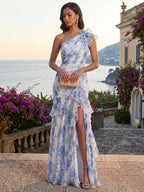 Blue Watercolor Floral One Shoulder Chiffon Slits Maxi Dress