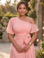 Asymmetrisches schulterfreies Maxikleid mit Rüschen aus Chiffon in Pink