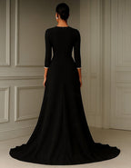 Solid Color Deep V-Neck Tie-up Ruffle Three-Quarter Sleeves Maxi Dress
