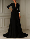 Solid Color Deep V-Neck Tie-up Ruffle Three-Quarter Sleeves Maxi Dress