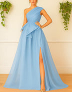 Solid Color Chiffon One Shoulder Twisted Ruffle Slit Maxi Dress