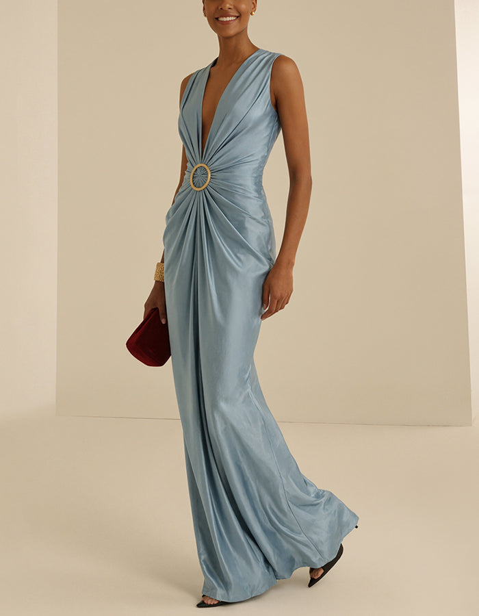 Blue Grey Satin Deep V-Neck Knot Maxi Dress