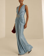 Blue Grey Satin Deep V-Neck Knot Maxi Dress