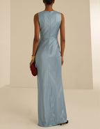 Blue Grey Satin Deep V-Neck Knot Maxi Dress