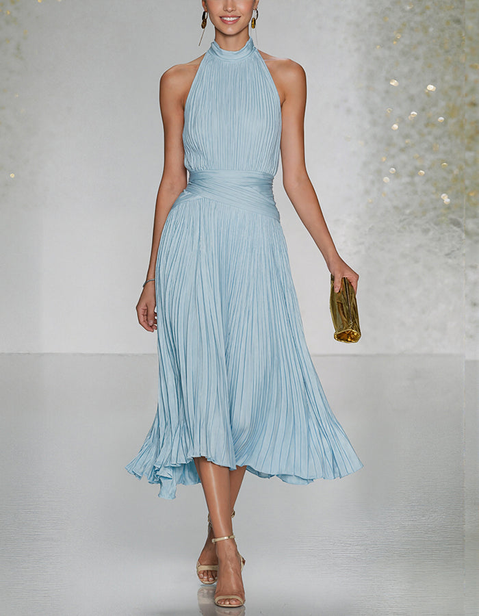 Blue Pleated Halter Neck Midi Dress