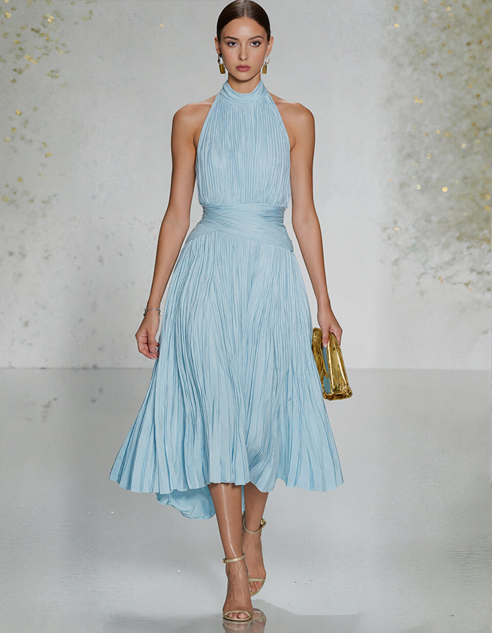 Blue Pleated Halter Neck Midi Dress