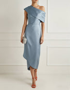 Solid Color Satin Asymmetrical Shoulder Midi Dress