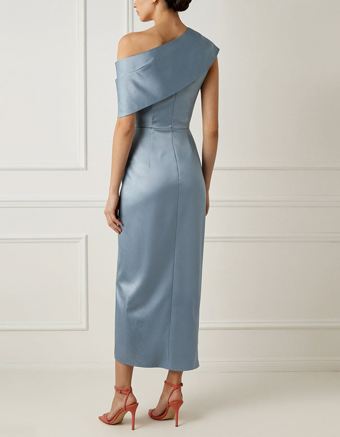 Solid Color Satin Asymmetrical Shoulder Midi Dress