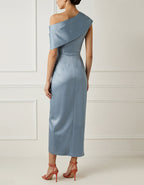 Solid Color Satin Asymmetrical Shoulder Midi Dress