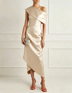 Solid Color Satin Asymmetrical Shoulder Midi Dress
