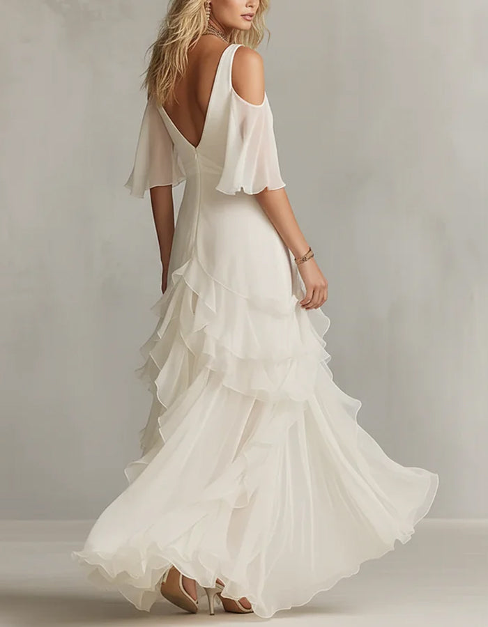 Solid Color Chiffon Off Shoulder Twisted Ruffle Maxi Dress