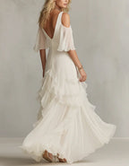 Solid Color Chiffon Off Shoulder Twisted Ruffle Maxi Dress