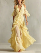 Solid Color Chiffon Off Shoulder Twisted Ruffle Maxi Dress