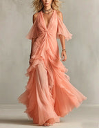 Solid Color Chiffon Off Shoulder Twisted Ruffle Maxi Dress
