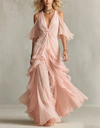 Solid Color Chiffon Off Shoulder Twisted Ruffle Maxi Dress