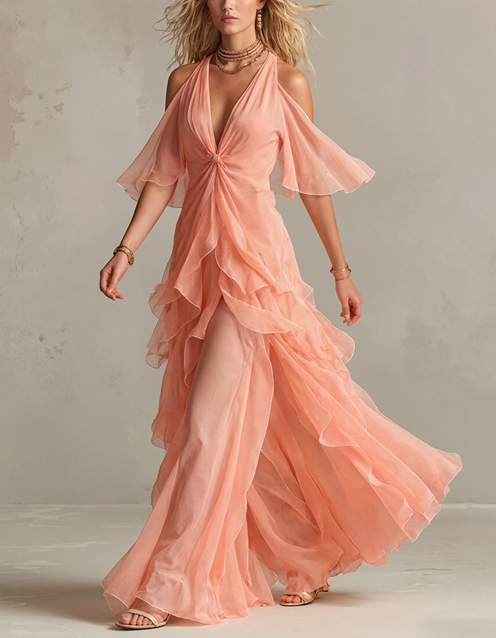 Solid Color Chiffon Off Shoulder Twisted Ruffle Maxi Dress