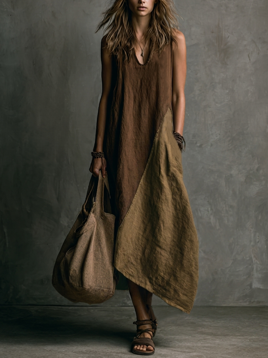 Vestido Largo Asimétrico Patchwork Marrón y Khaki de Lino y Algodón