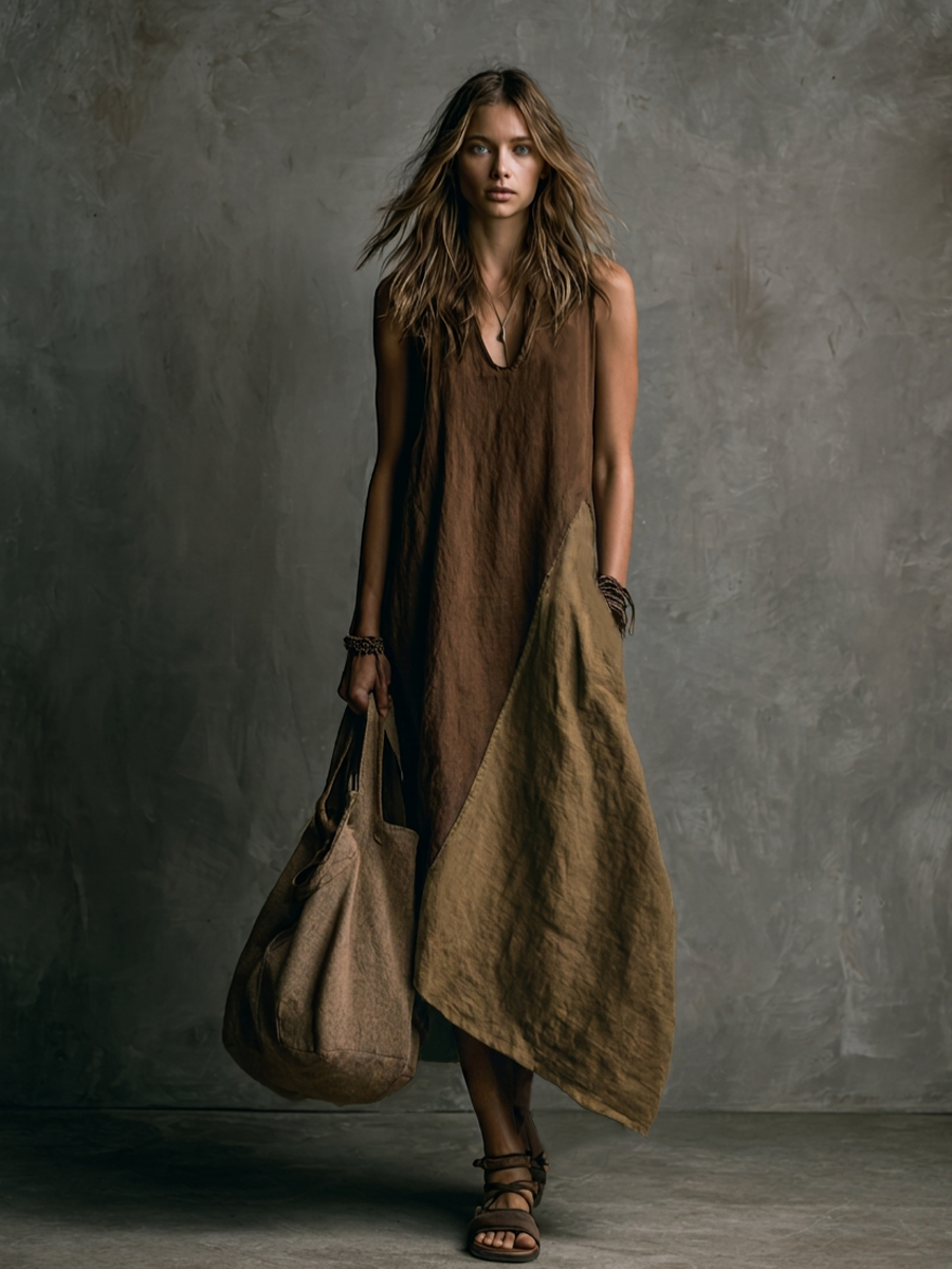 Vestido Largo Asimétrico Patchwork Marrón y Khaki de Lino y Algodón