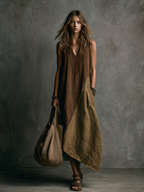 Vestido Largo Asimétrico Patchwork Marrón y Khaki de Lino y Algodón
