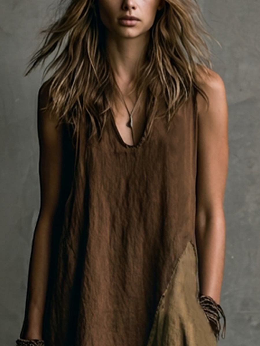 Vestido Largo Asimétrico Patchwork Marrón y Khaki de Lino y Algodón