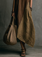 Vestido Largo Asimétrico Patchwork Marrón y Khaki de Lino y Algodón