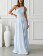 Solid Color Chiffon One Shoulder Fitted Waist Maxi Dress