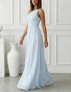 Solid Color Chiffon One Shoulder Fitted Waist Maxi Dress