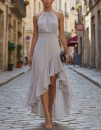 Gray Chiffon Halter Neck With Irregular Ruffles Maxi Dress