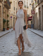 Gray Chiffon Halter Neck With Irregular Ruffles Maxi Dress