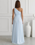 Solid Color Chiffon One Shoulder Fitted Waist Maxi Dress