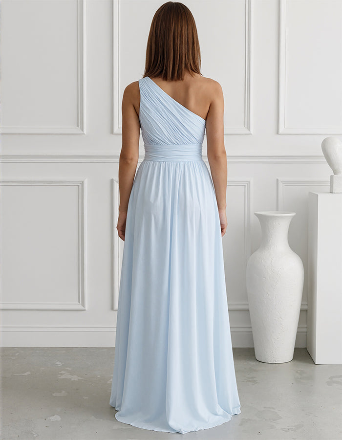 Solid Color Chiffon One Shoulder Fitted Waist Maxi Dress