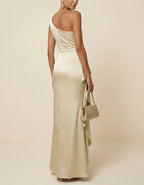 Champagne Satin One Shoulder Side Ruffle Maxi Dress
