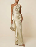 Champagne Satin One Shoulder Side Ruffle Maxi Dress