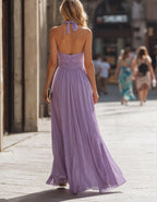 Purple Chiffon Halter Neck Pleats Maxi Dress
