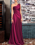 Solid Color Satin Draped Shoulder Maxi Dress