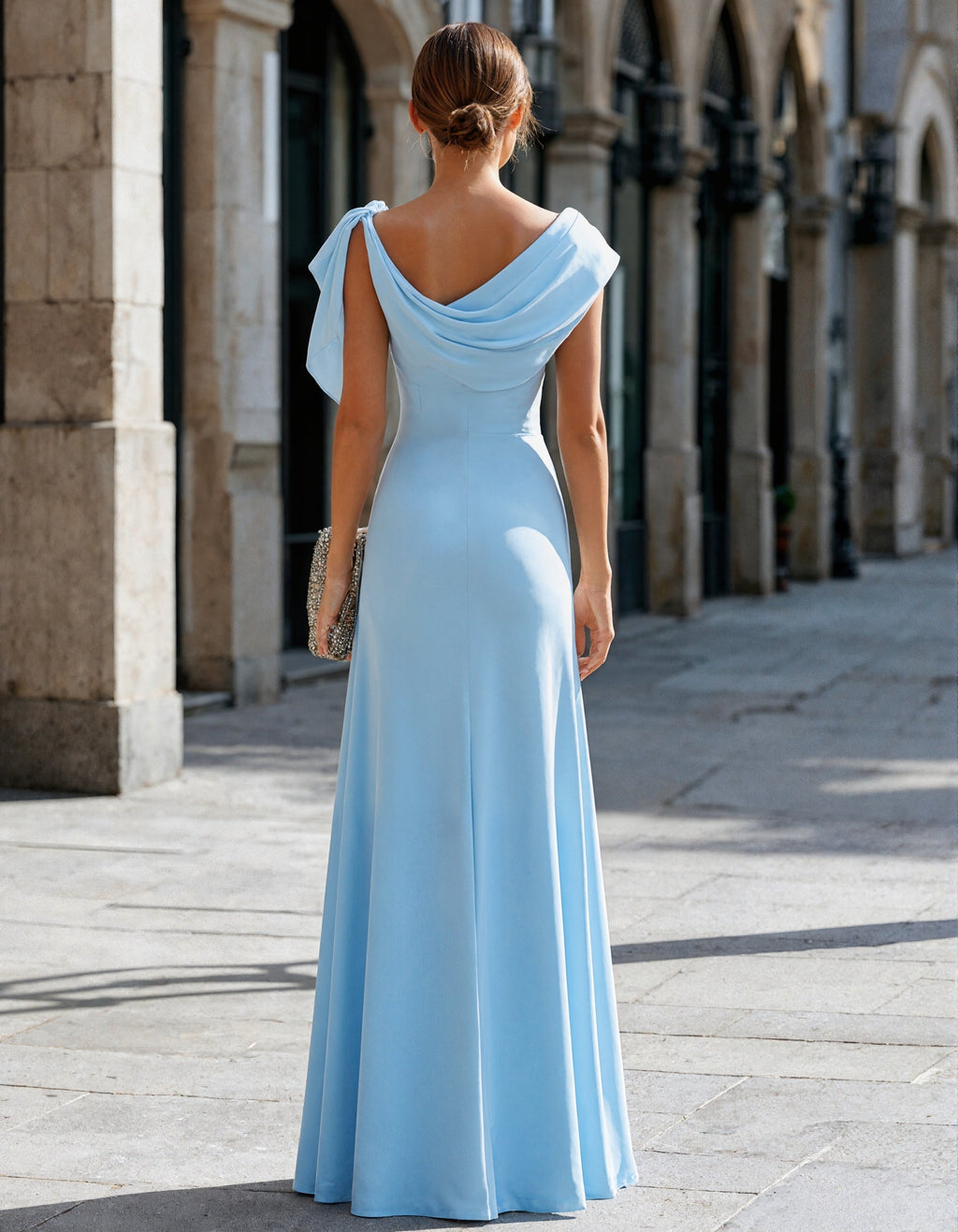 Ice Blue Draped Collar Maxi Dress