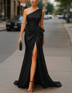 Solid Color Satin One Shoulder Knot Maxi Dress