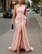 Solid Color Satin One Shoulder Knot Maxi Dress