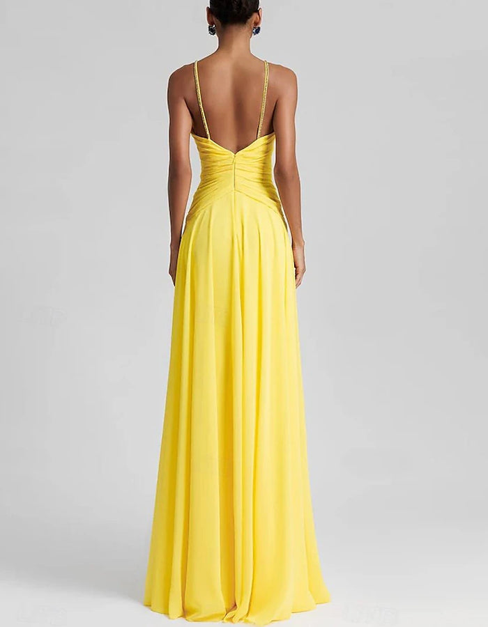 Solid Color Chiffon Halter Neck Pleated Maxi Dress
