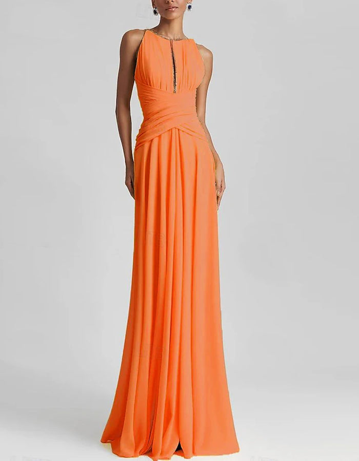 Einfarbiges Maxikleid aus Chiffon mit Neckholder und Faltenwurf