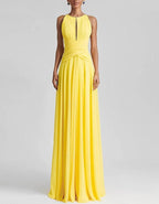 Solid Color Chiffon Halter Neck Pleated Maxi Dress