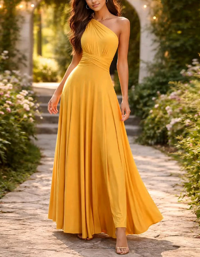 Gelbes schulterfreies Maxikleid mit gedrehter Taille