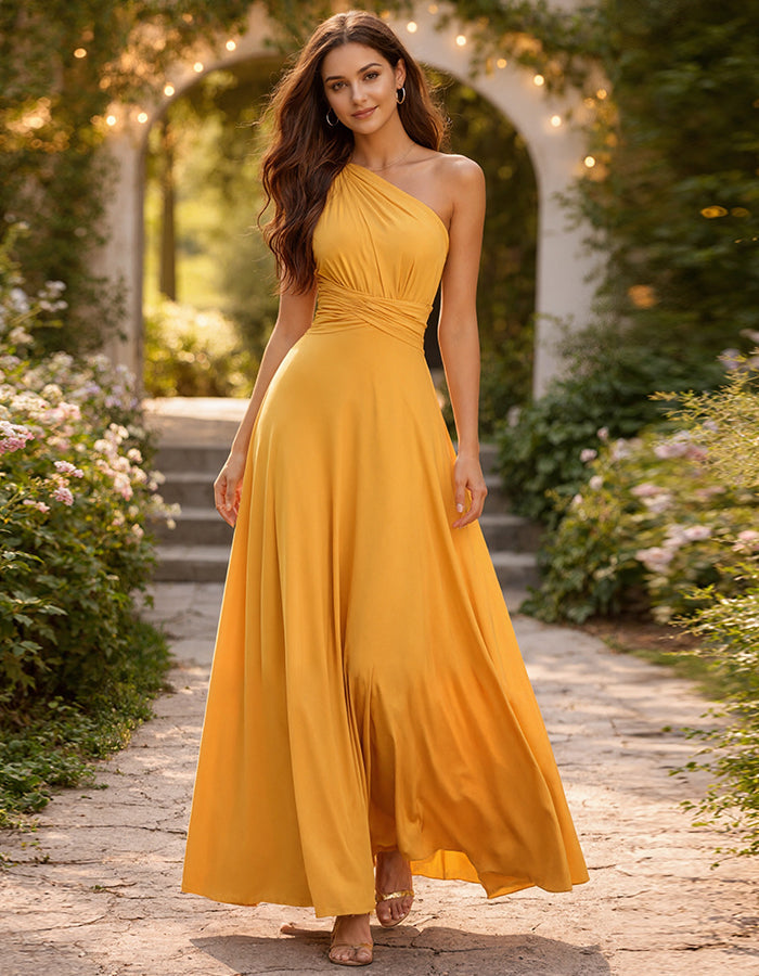 Gelbes schulterfreies Maxikleid mit gedrehter Taille