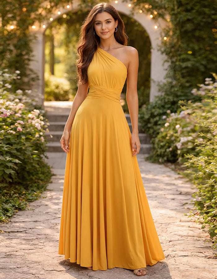 Gelbes schulterfreies Maxikleid mit gedrehter Taille