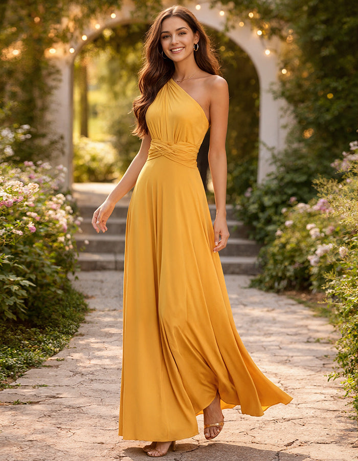 Gelbes schulterfreies Maxikleid mit gedrehter Taille