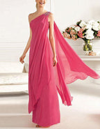 Rosenfarbenes schulterfreies Maxikleid aus drapiertem Chiffon