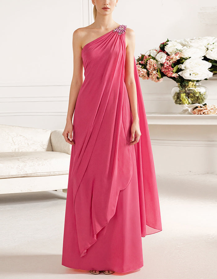 Rosenfarbenes schulterfreies Maxikleid aus drapiertem Chiffon