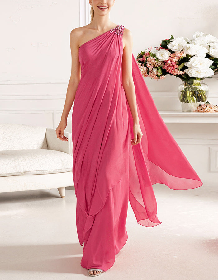 Rosenfarbenes schulterfreies Maxikleid aus drapiertem Chiffon