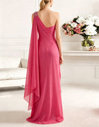 Rosenfarbenes schulterfreies Maxikleid aus drapiertem Chiffon