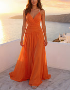 Solid Color Camisole With Draped Chiffon Maxi Dress
